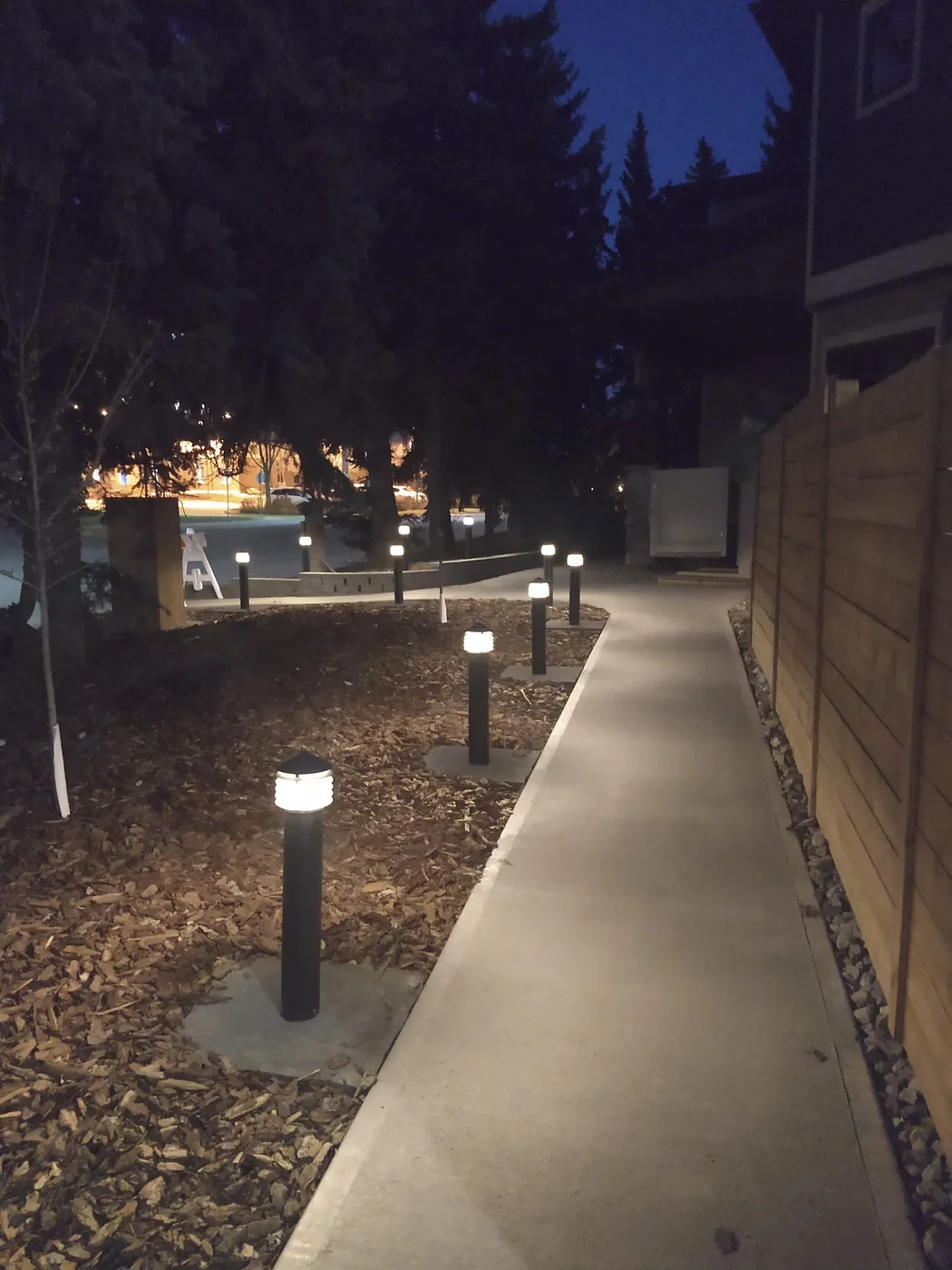 Exterior pathway lighting at a custom home after dark